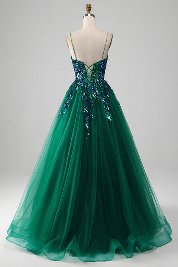 Tulle Spaghetti Straps Dark Green Ball Dress with Sequins